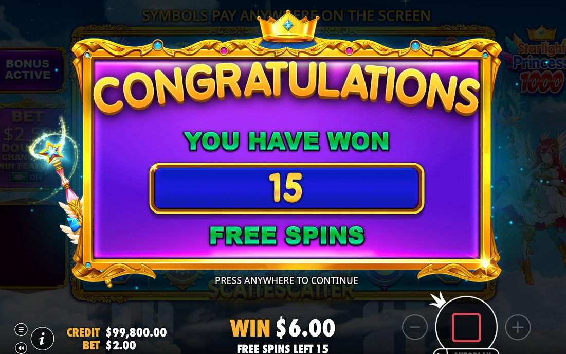 Fifteen free spins opening on purple reels