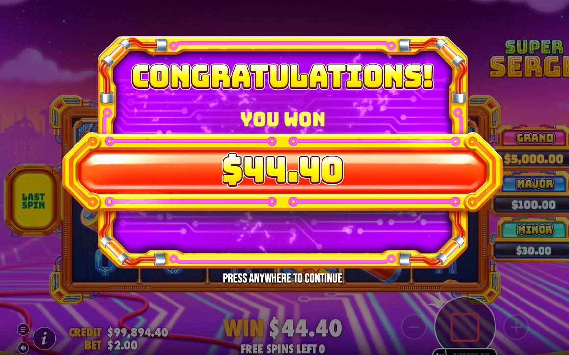 Win screen after a combination pays on the grid