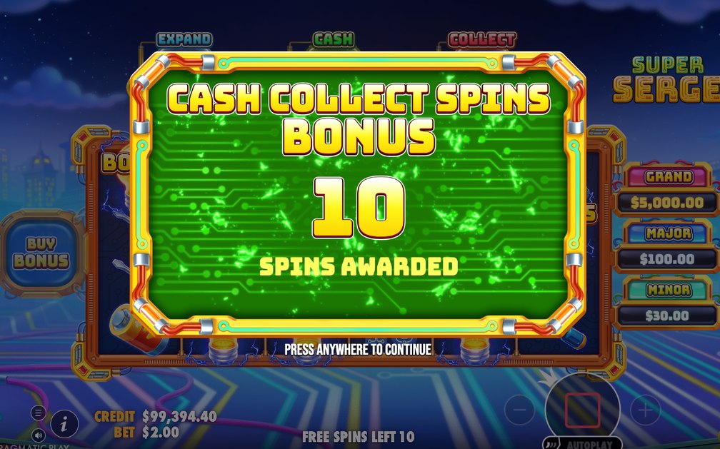 Bonus screen with BONUS symbols and the spins awarded