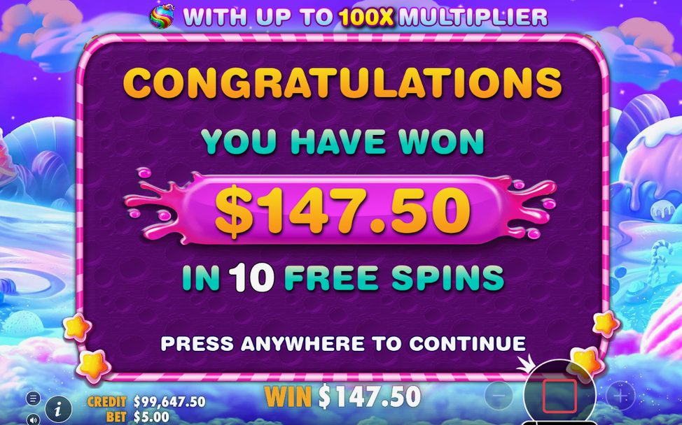 Win screen after a tumble sequence on the 6x5 grid